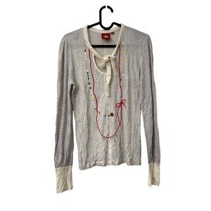 Oilily Striped Buttons Graphic Embellish Self Tie Long Sleeve Top Womens XS